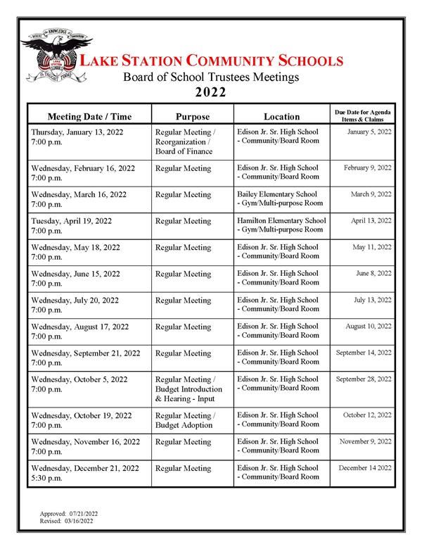 Board Meeting Calendar 
